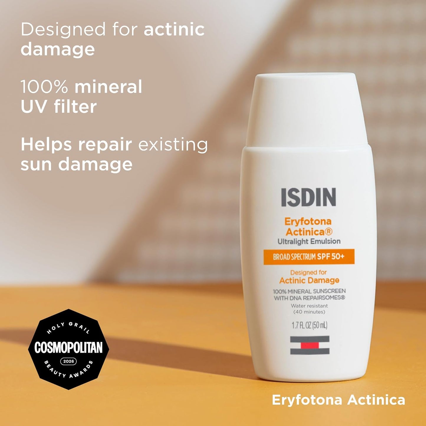 ISDIN Eryfotona Actinica Mineral Face Sunscreen SPF 50+, No White Cast | 100% Mineral UV Filters, Zinc Oxide, Suitable for Sensitive Skin, Non-comedogenic, Dermatologist Recommended